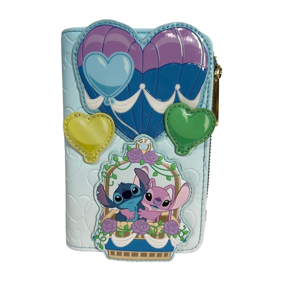 LOUNGEFLY DISNEY Stitch & Angel Hot Air Balloon Heart Wallet Blue BoxLunch NEW
